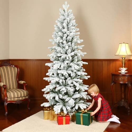 Image of HOMCOM 6ft Flocked Christmas Tree, Hinged Pencil Christmas Tree with 756 Tips, Realistic Branches, Easy Assembly, Slim Shape, Artificial Xmas Home Decoration, Green White