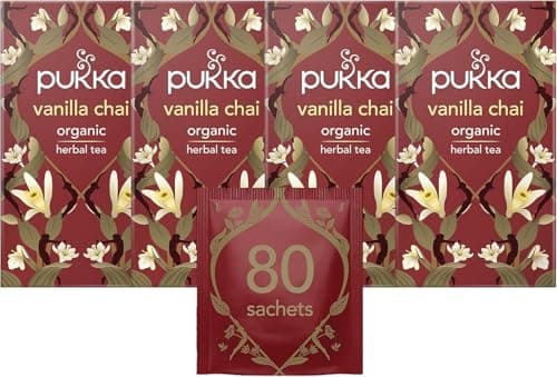 Image of Pukka Herbs, Organic Herbal Tea, Vanilla Chai, With Cinnamon, Cardamom, Ginger, Fennel, Caffeine Free, 20 Teabags (4 Pack)