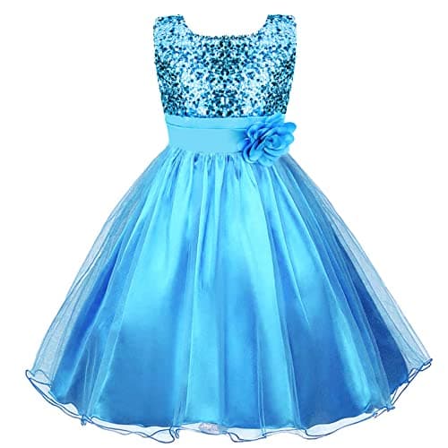 Image of Discoball Girls Princess Dress Sequin Tulle Flower Pageant Birthday Party Wedding Bridesmaid Girl Dresses for 2-13 Years Blue