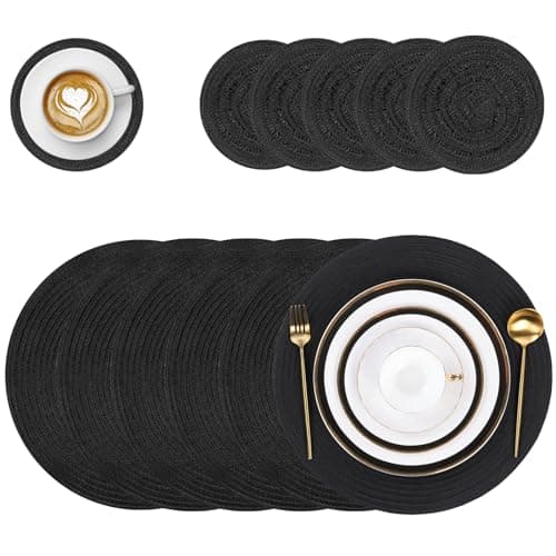 Image of Pauwer Round Placemats and Coasters Set of 6, Non Slip Washbale Table Mats and Coasters Sets Heat Resistant Decor Table Place Mats for Hotel Wedding Party Christmas, Black