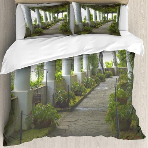 Image of MJNLYDAO Bedding duvet set Reversible soft print set Hypoallergenic glue cover Bedding kit with 2 pillowcases,Terrace with sea views on the island of Capri Italy flowers swirls,152x203cm