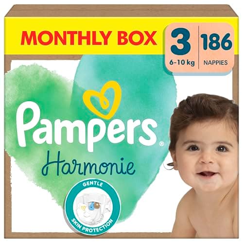 Image of Pampers Harmonie Nappies Size 3, 186 Nappies, 6kg-10kg, Monthly Pack, Gentle Skin Protection with 100 Percent Pampers Protection