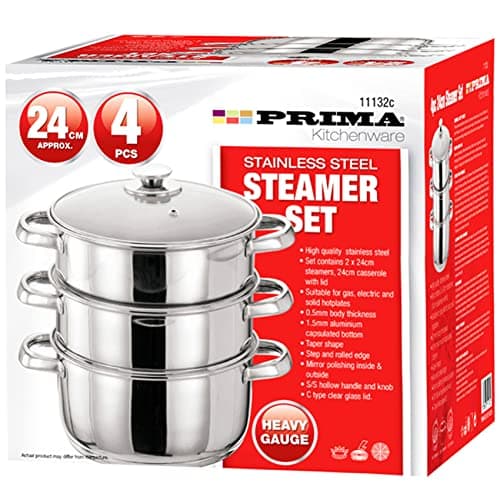 Image of 24 CM Prima Steamer Set | 4 Pcs Stainless Steel | Glass Lid | 3 Tier Pot | CAPSULATED Bottom | Home Cook | Chef | Healthy | Vegetable | Chicken | Meat | Fish | Salmon | UK Free P&P