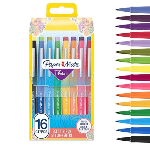 Image of Paper Mate Flair Felt Tip Pens | Medium Point (0.7 mm) Marker Pens | Assorted Colouring Pens | For Kids & Adult Colouring, Journalling & More | 16 Count