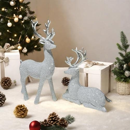 Image of BZHIB 2 Pcs Christmas Reindeer Figurine Set, Standing & Sitting Resin Deer Sculptures for Christmas Table Centerpieces, Holiday Home Decor (Silver)