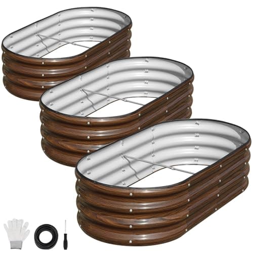 Image of SnugNiture 510L Steel Raised Garden Bed, 3Pcs 120×60×30cm Large Oval Galvanised Metal Planter Outdoor for Growing Vegetables, Flowers and Herbs, Wood Grain, Brown