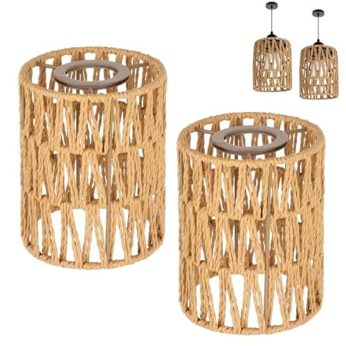 Image of 2 PCS Woven Lampshade, Rattan Lampshade Pendant Light Shade Boho Style Ceiling Pendant Lamp Cover Vintage Wicker Lamp Shades for Living Room Kitchen Hallways