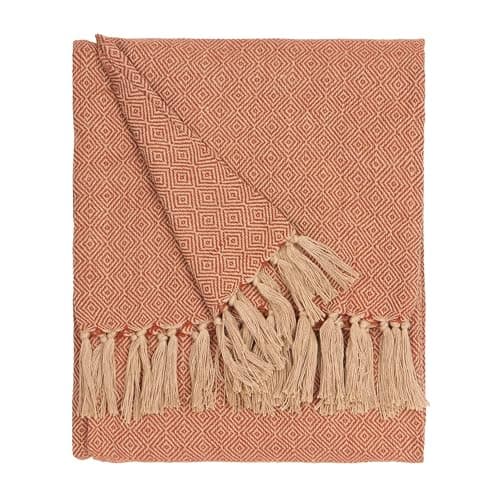 Image of furn. Dessa Throw – Soft Indoor/Outdoor Quick Dry Woven Geometric Fringed Blanket (Terracotta – 130x180cm)