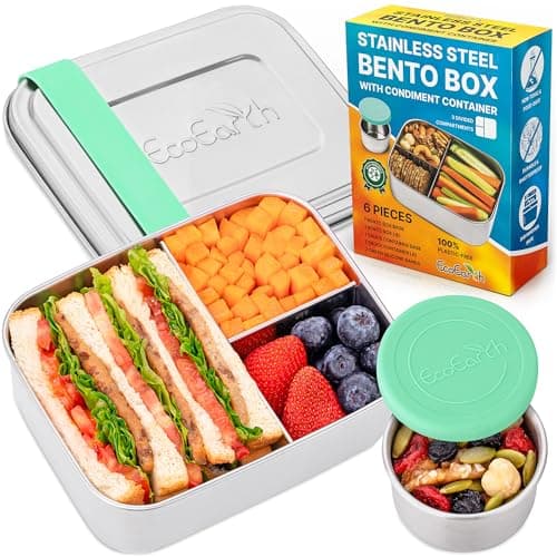 Image of EcoEarth - Stainless Steel Bento Box - 800 ml Green - Leakproof Lunch Boxes for Adults with 3 Compartments - Small Tin Containers with Condiment Cups - Work Snack Box - Food/Salad Storage Container