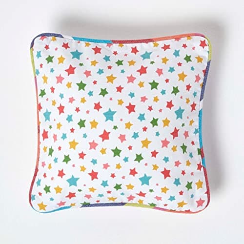 Image of HOMESCAPES - 100% Cotton - Stars - Cushion Cover - 30 x 30 cm Square - 12 x 12 Inches - Multi Colour Orange Red Blue Yellow - 100% Cotton Sofa Pillow Cushion Cover - Washable