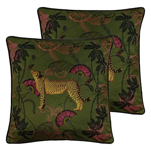Image of Paoletti Tropica Cheetah Polyester Filled Cushions (Twin Pack), Polyester, Khaki