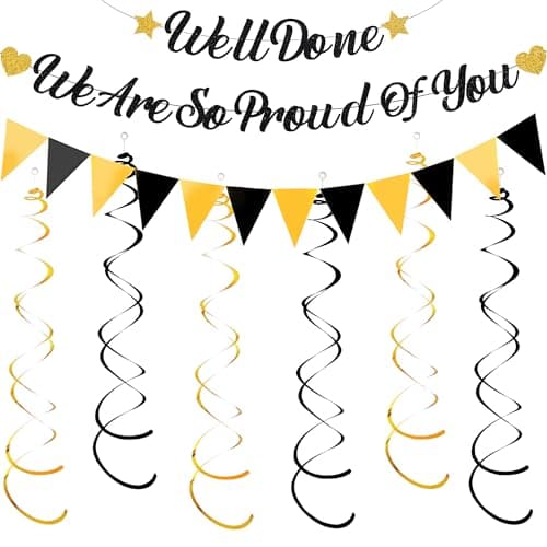 Image of Graduation Decorations Congratulations Banner 2026 - We Are So Proud of You Party Supplies Black and Gold Well Done Banners, Double Spiral Streamers Bunting Decoration for Grad Retirement Party Decor