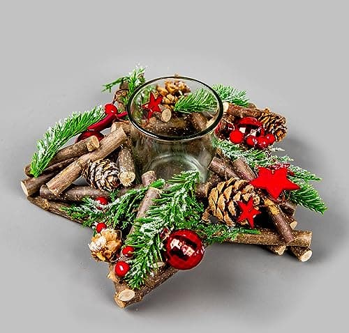 Image of 22cm Star Tealight Votive Candle Holder - Wooden Twigs Base Decorated with Red Baubles,Berries,Stars,Foliage,Pine Cones - Christmas Home Table Decoration