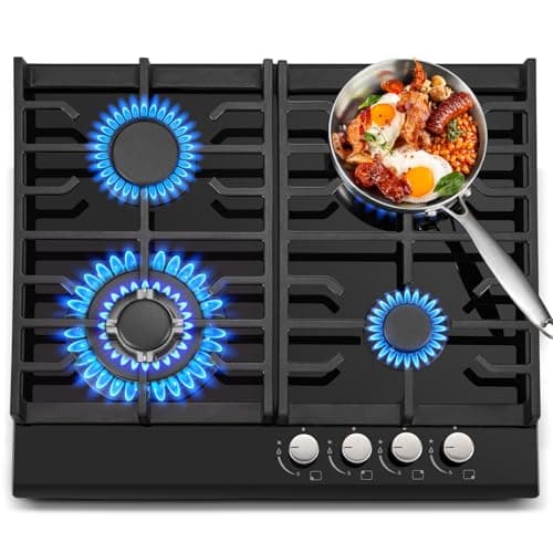 Image of TopStrong Gas Hob 4 burners, 60cm Black Glass Gas Hob, Built in Cooktop with Cast Iron Supports, NG/LPG Convertible, Flame Out Protection