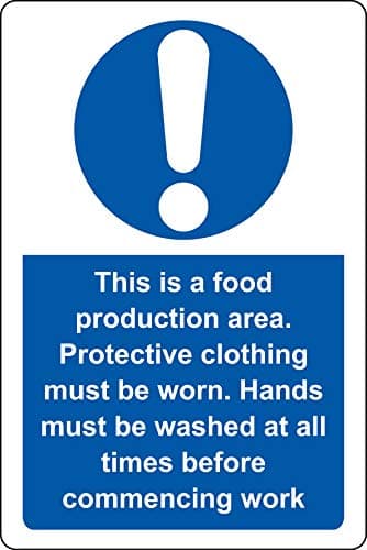 Image of This is a food production area - Protective clothing must be worn and hands must be washed Kitchen catering safety sign - Self adhesive sticker 300mm x 200mm