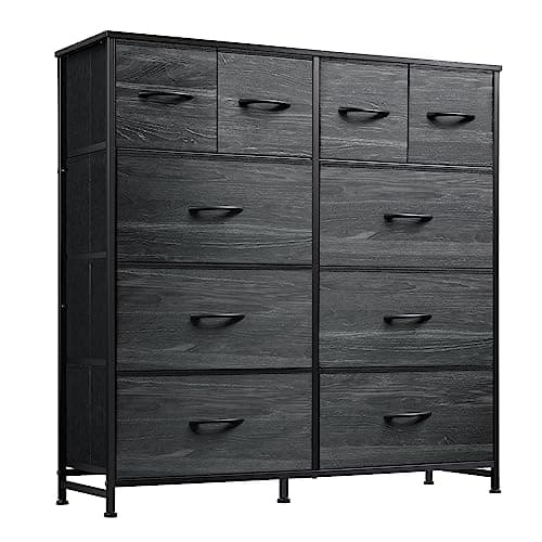 Image of WLIVE Chest of Drawers, 10-Drawer Fabric Dresser with Cabinet, Tall Storage Tower (Metal Frame & Wooden Top) for Bedroom, Closet & Living Room (Charcoal Black)