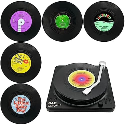 Image of TOTHDATE Set of 6 Vinyl Record Sets with Holder, Round Funny Non-Slip Drinks Coasters Coffee Tea Coasters Novelty for Drinks Bars Cafes Home Pub Themes Parties, Style 1