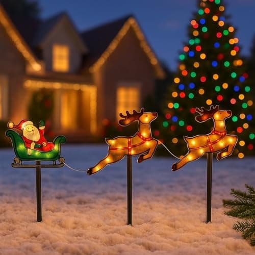 Image of Garden Mile Christmas Santa Sleigh & Reindeer Lights Battery Operated Outdoor Decoration with Auto Timer Light Up Garden Stake Lights with Warm White LEDs Festive Xmas Display
