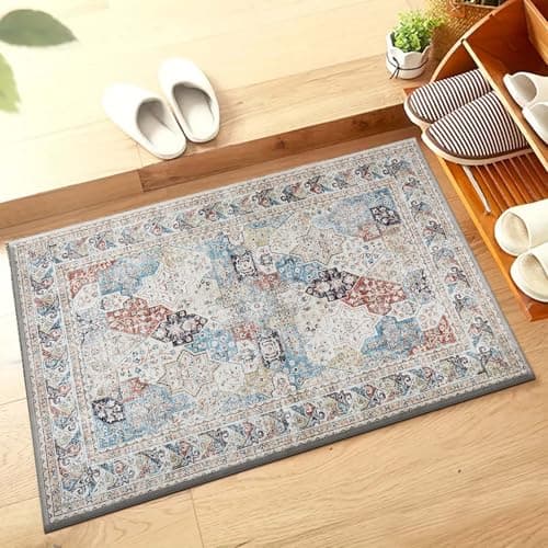 Image of Hafaa Machine Washable Bedside Small Rug 40x60 cm - Soft Short Pile Abstract Area Rugs For Bedroom Entrway Non Slip Floor Carpet Traditional Vintage Cashmere Door Mat For Kitchen Bathroom, Coastal