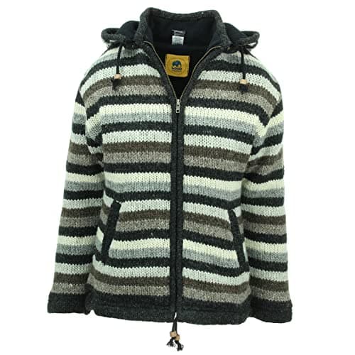 Image of LOUDelephant Hand Knitted Wool Hooded Jacket Cardigan Ladies Cut - Stripe Natural (Small)