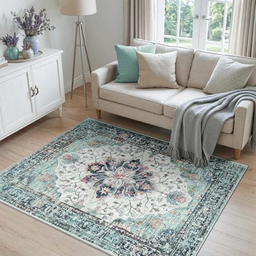 Image of INOVADAY Machine Washable Rugs 120x180 cm Vintage Area Rug Low Pile Anti-Slip Carpet with Print Pattern for Living Room Bedroom Home Office Indoor Blue/Teal Green/Navy/Red