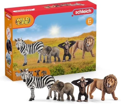 Image of SCHLEICH Wild Life - 4 PC Safari Animals Figurines Set with Zebra, Elephant, Chimp, and Lion - Realistic African Animal Figures Playset for Boys and Girls - Educational Toys for Kids Ages 3+