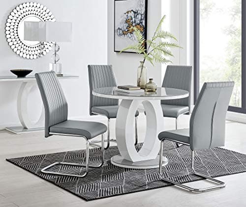 Image of Furniturebox UK Giovani Modern Stylish Grey/White High Gloss and Glass 100cm Round Dining Table and 4 Modern Lorenzo Chairs Set (Dining Table + 4 Elephant Grey Lorenzo)