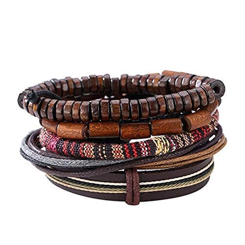 Image of Unisex Mixed Bracelets Adjustable Handmade Multi Strand Braided Cowhide Bracelets Woven Leather Wristbands Wooden Beads Bracelet Wrist(1set of 5 pcs)