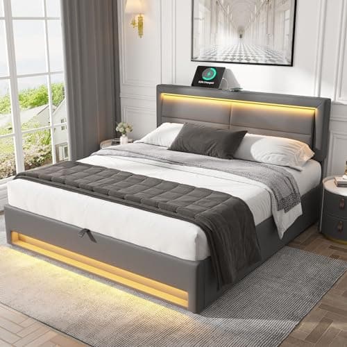 Image of Ball & Cast Size Bed Frame with Storage & Headboard, 5ft Upholstered Ottoman Bed Frame with Charging-Port & LED-Lighting, Wooden Slatted, Linen, 150 * 200cm, Grey，(No Mattress)