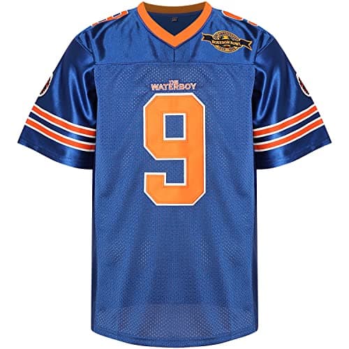 Image of Phoneutrix Bobby Boucher #9 The Waterboy Adam Sandler Movie Mud Dogs Bourbon Bowl Football Jersey, Blue, Medium