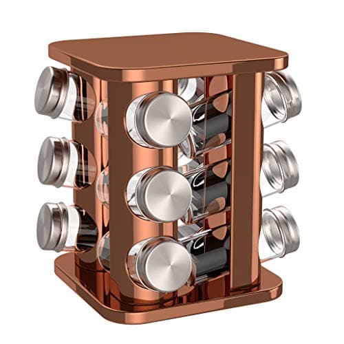 Image of bonVIVO Rotating Spice Rack 12 Glass Jars with Lids & Labels – Stainless Steel Copper Finish Herb & Spice Organiser for Kitchen Countertop or Cupboard Storage – Stylish Cooking Gift Set