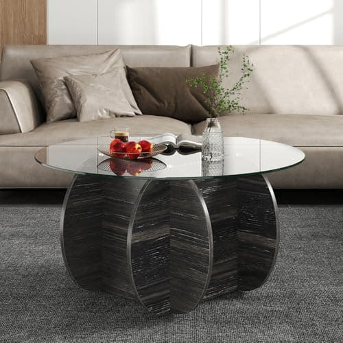 Image of COSTWAY Round Coffee Table, Tempered Glass Cocktail Center Table Unit, Solid Wood Circle Accent Sofa Side Tea Tables for Living Room, Bedroom and Office (89cm Top+Petal Well-Shaped Base, Black Oak)
