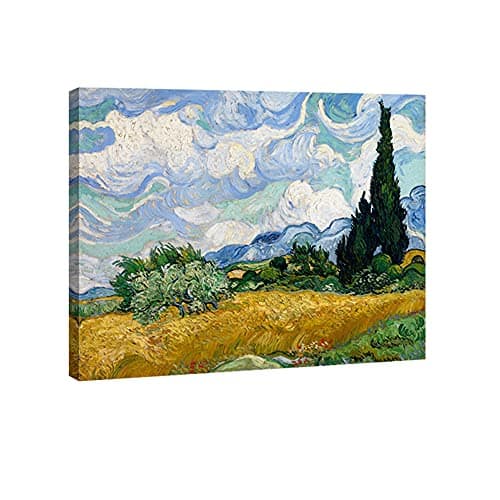 Image of Wieco Art - Wheat Field with Cypresses by Van Gogh Famous Oil Paintings Reproduction Modern Framed Landscape Giclee Canvas Prints Artwork Pictures on Canvas Wall Art for Home Office Decorations