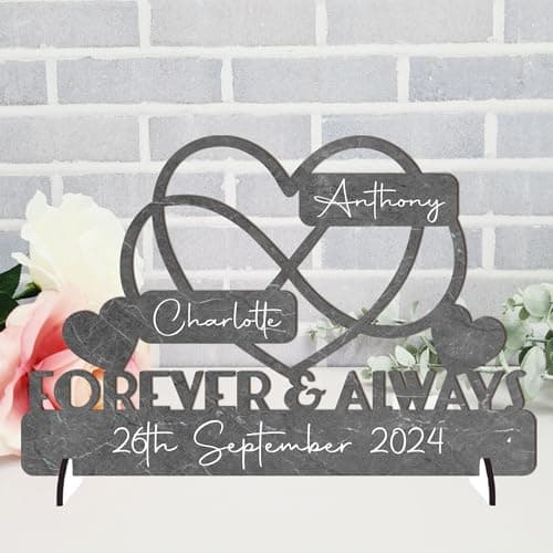 Image of Personalised Forever & Always Infinity Heart Sign Wedding Anniversary Sign - Customised with Couple's Names and Marriage Date - Gift for Him, Her, and Couples - 20cm x 13cm (Grey Marble Effect)