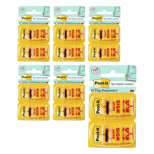 Image of Post-it Message Sign Here Flags Value Pack, 50/Dispenser, 12 Dispensers/Pack, 1 in Wide, Yellow (680-SH12)