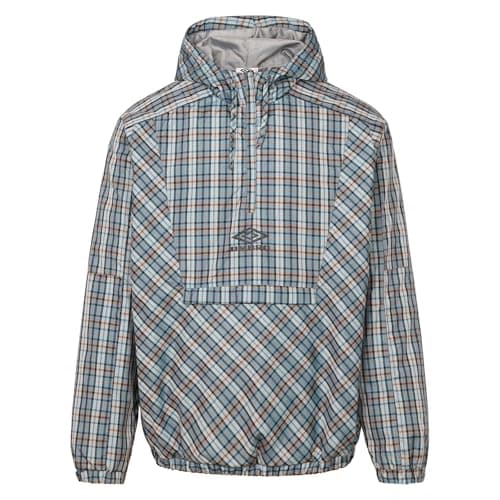 Image of Umbro Men's Pull Over 1/2 Zip Hooded Cagoule Jacket, Grey/Blue Check, XL