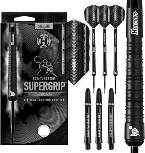 Image of Harrows SUPERGRIP BLACK EDITION 90% Tungsten Steel Tip Darts Set. Available in 21g, 22g, 23g, 24g, 25g, 26g, 28g & 30g - Includes Supergrip Shafts & Supergrip Flights-28g