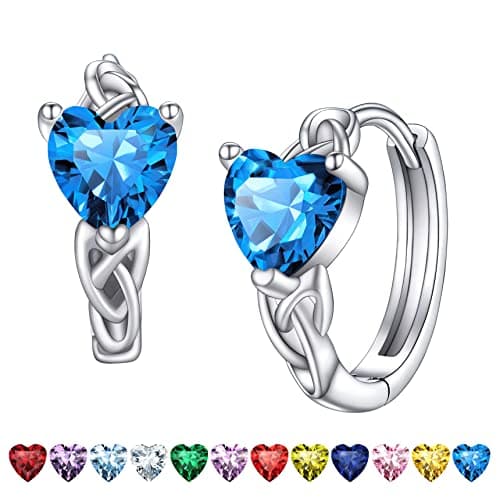 Image of Bestyle CZ Heart Diamond Hoop Earrings 5mm December Blue Topaz Birthstone Celtic Knot Earrings, 925 Sterling Silver Earrings Jewelry Gift for Wedding Anniversary Birthday