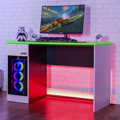 Image of X-Rocker Carbon-Tek 120cm x 50cm, RGB LED Gaming Desk - Neo Fibre Lighting, Built-In Drawer, PC Storage Shelf, Free Standing, Durable Wooden Frame for Kids & Teens - White