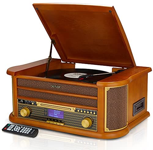 Image of Denver 10-in-1 Retro Vintage DAB Bluetooth Wooden Radio Record Player With Speakers – DAB+ Radio, FM, Record Player, Cassette & CD Player, AUX IN, MP3 USB Recording, AUX IN And Line Out - MRD-51BT