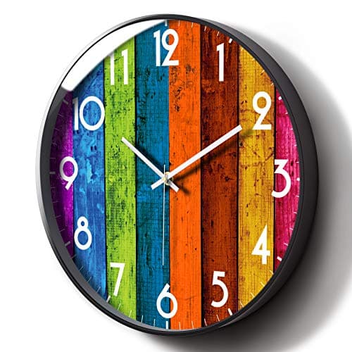 Image of SCOAGE Colorful Wooden Style Wall Clock 12'', Silent Non-Ticking Analog Clock, Battery Operated, Modern Decorative Round Clock for Bedroom, Living Room, Kitchen, Office