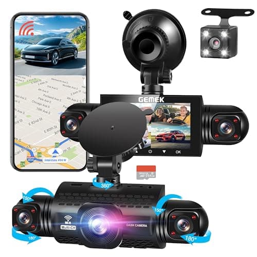 Image of 360 Degree View 4 Channel Dash Cam 5G WiFi & App Control, GEMEK 2K Front and Rear Inside, Left and Right Dash Camera for Cars, Free 64GB TF Card, G-Sensor, Night Vision, 24-Hour Parking Mode