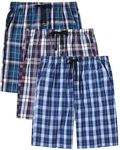 Image of MoFiz Men's Cotton Pyjama Lounge Shorts 3-Pack Checked Button Fly Pyjama Bottoms Sleepwear Shorts with Pockets Size XL