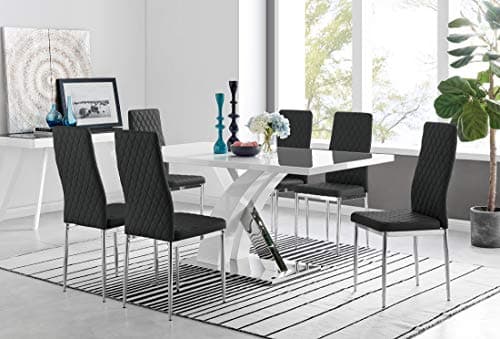 Image of Furniturebox UK Atlanta Rectangle Chrome Metal Modern Stylish High Gloss White 6 Seater Dining Table and 6 Stylish Modern Milan Dining Chairs Set (Dining Table + 6 Milan Black Chairs)