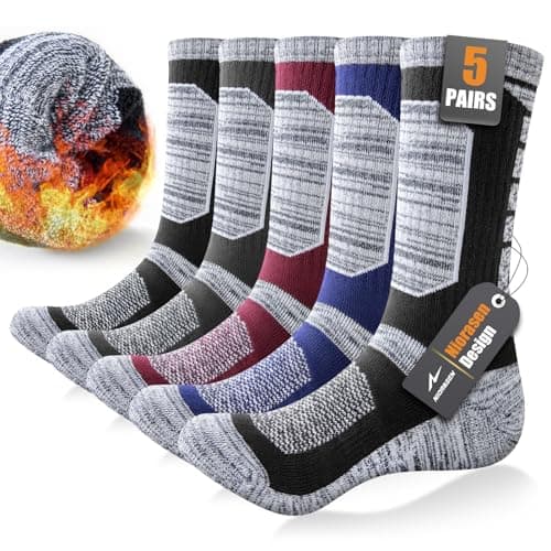 Image of Niorasen Full Cushion Thermal Socks for Men, Thick Cotton Mens Work Socks, Padded Mens Warm Socks, 5 Pairs Crew Winter Sports Socks for Outdoor Walking Hiking Running Climbing, Multicolour, 9-11