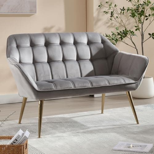 Image of Ya-Home Modern 2 Seater Sofa Velvet Upholstered Loveseat Sofa with Solid Metal Legs, Comfortable Padded Couch for Living Room/Bedroom, Gray