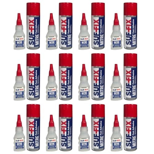 Image of SUF-FIX 12x Mitre Adhesive Sealars Super Glue Spray and Gel Two-Unit Kit | 50g Adhesive 200ml Activator Spray Instant Gluing Fast Adhesive Kit for Wood Glass Plastic Leather Metals (Clear, Pack of 12)