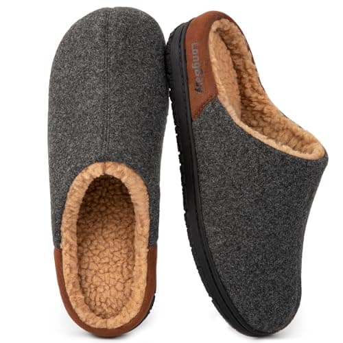 Image of LongBay Men's Wool-Like Slippers Memory Foam House Shoes with Warm Sherpa Lining for Indoor Outdoor Winter Grey Size 9