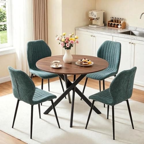 Image of Warmiehomy Round Dining Table and Chairs Set 4, Modern Wooden Small Kitchen Dining Table with 4 Chairs for Small Space Home Apartment, Living Room (Walnut +Green, 5pcs)