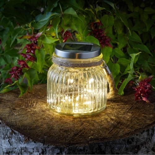 Image of Marco Paul Solar LED Hanging Lantern Lighting for Garden Firefly Effect Light Glass Jar Light with Rope Handle Autumn Table Light Decor Outdoor Solar Powered Fairy Light